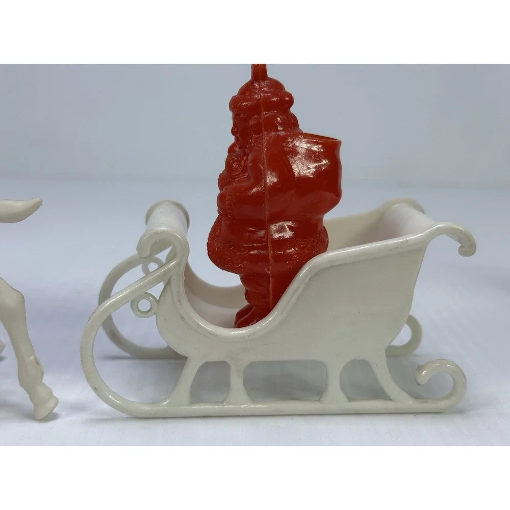 Vintage Plastic Standing Santa Claus Sleigh Pulled by Two White Reindeer